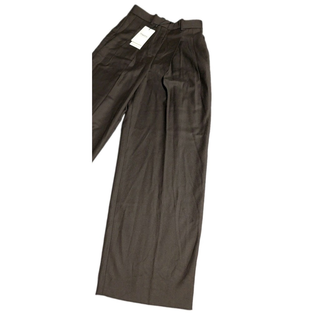 Theory Double Pleat Pants Womens 00 Cacao Brown Virgin Wool Wide Leg O0801202 - Picture 5 of 11
